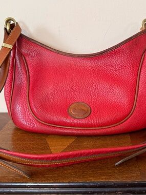 Dooney & Bourke Red Pebbled Leather Shoulder Bag with Brown Trim